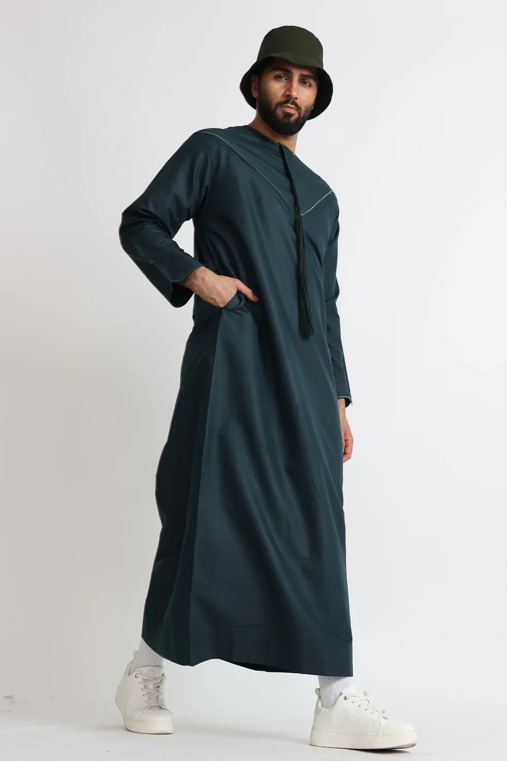 J101 Jungle Green Pleated Emirati Thobe - Image 2