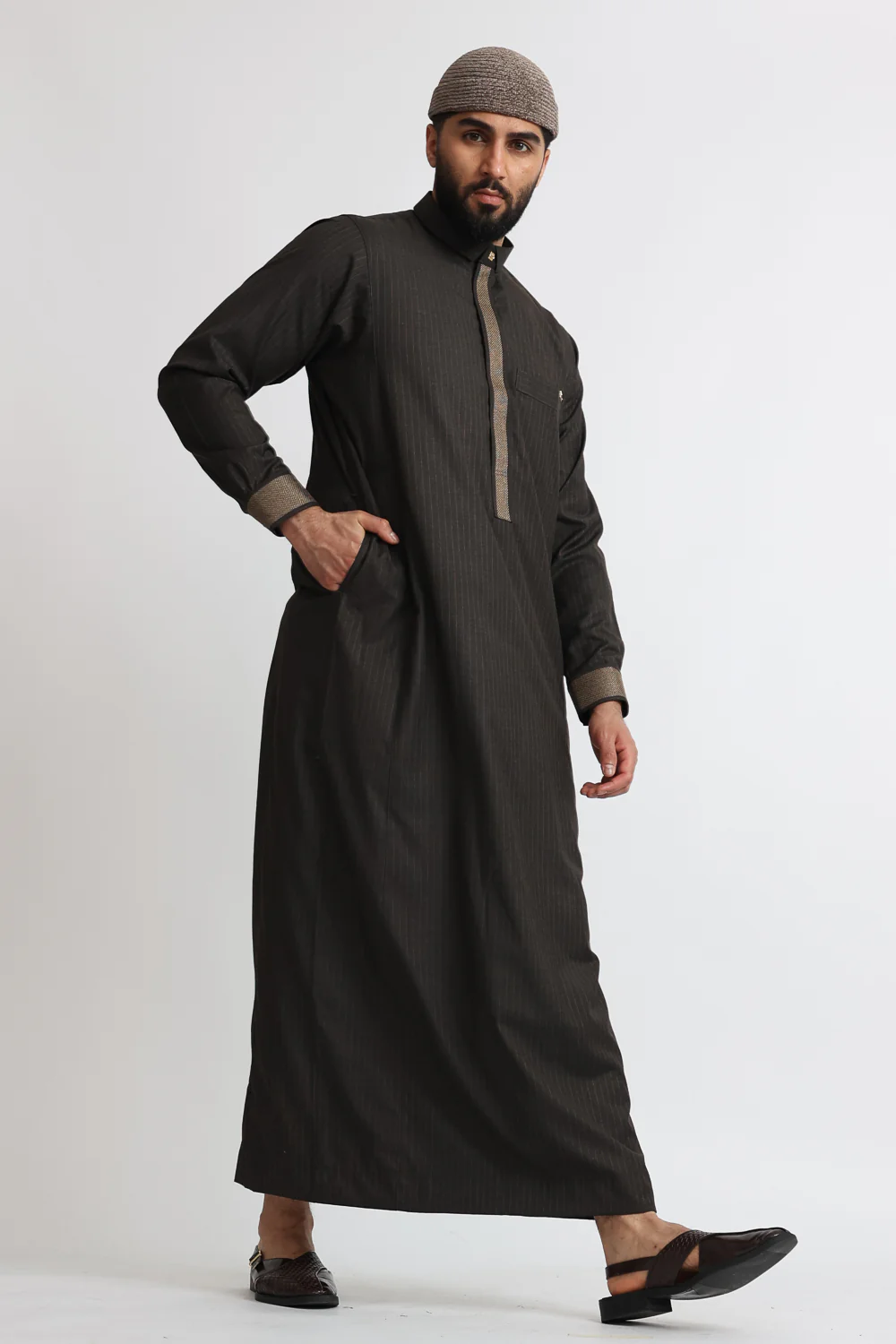 J118 Dark Brown Pinstripe Thobe - Image 2