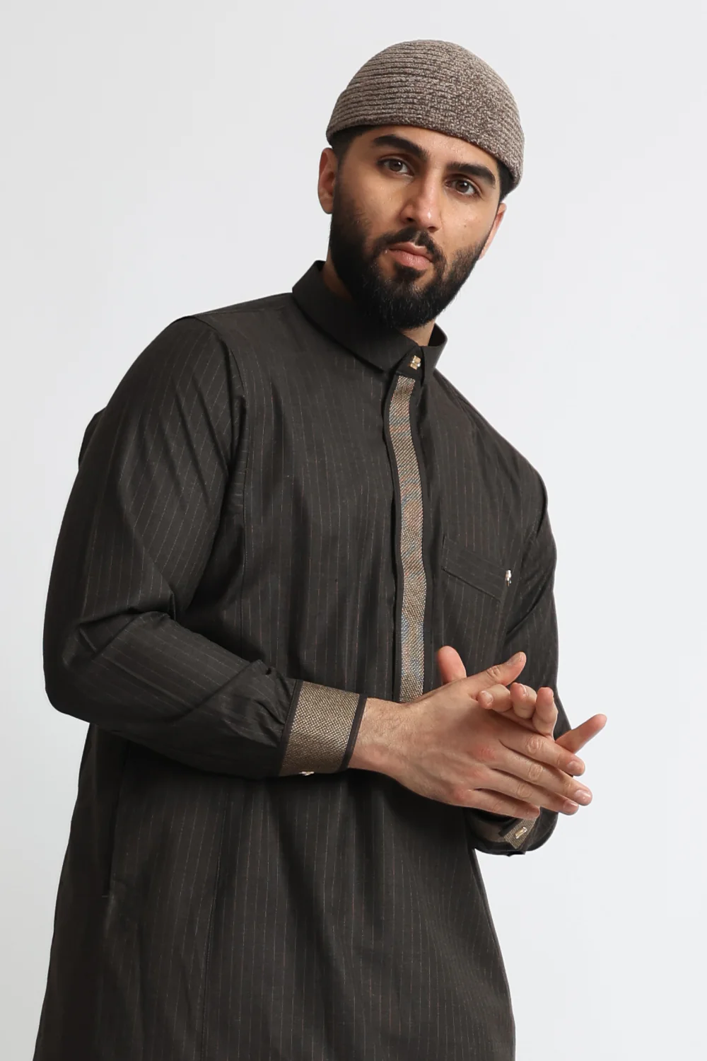 J118 Dark Brown Pinstripe Thobe - Image 3