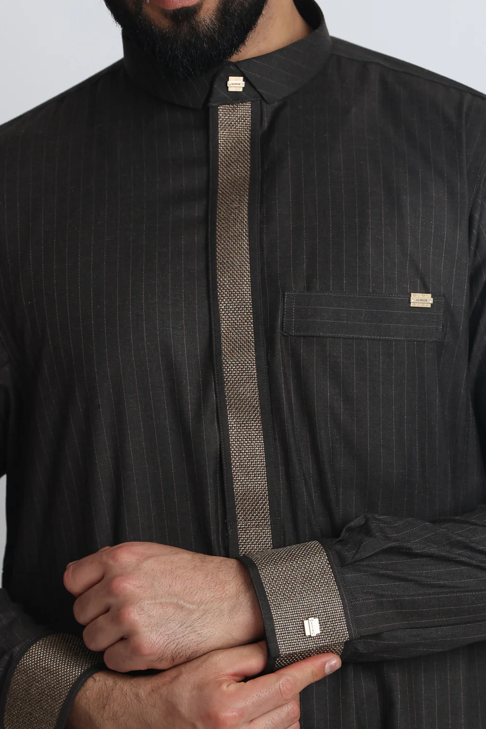 J118 Dark Brown Pinstripe Thobe - Image 4