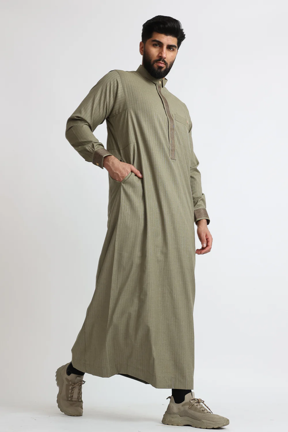 J118 Grey Olive Pinstripe Thobe - Image 2