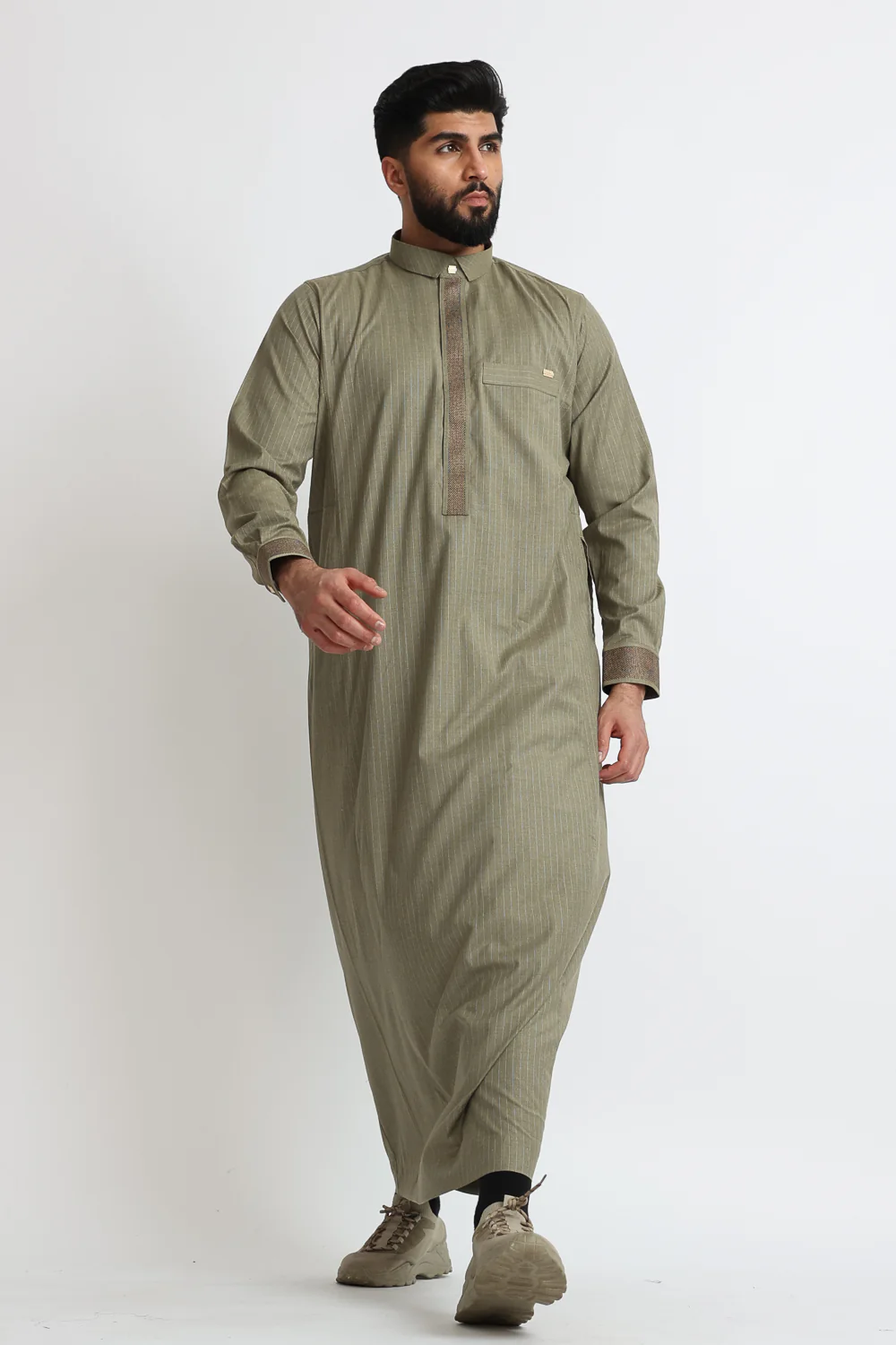 J118 Grey Olive Pinstripe Thobe - Image 3