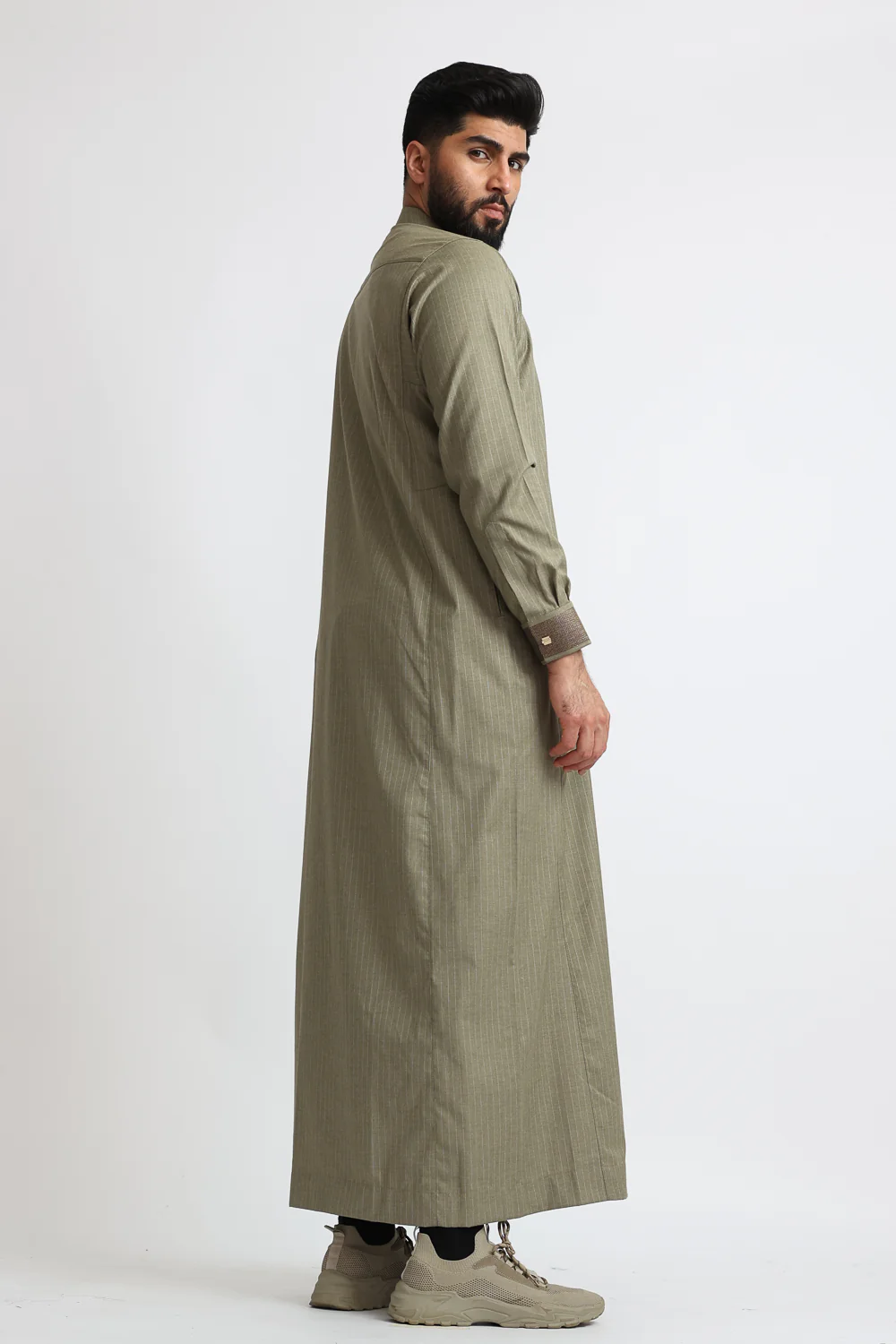 J118 Grey Olive Pinstripe Thobe - Image 4