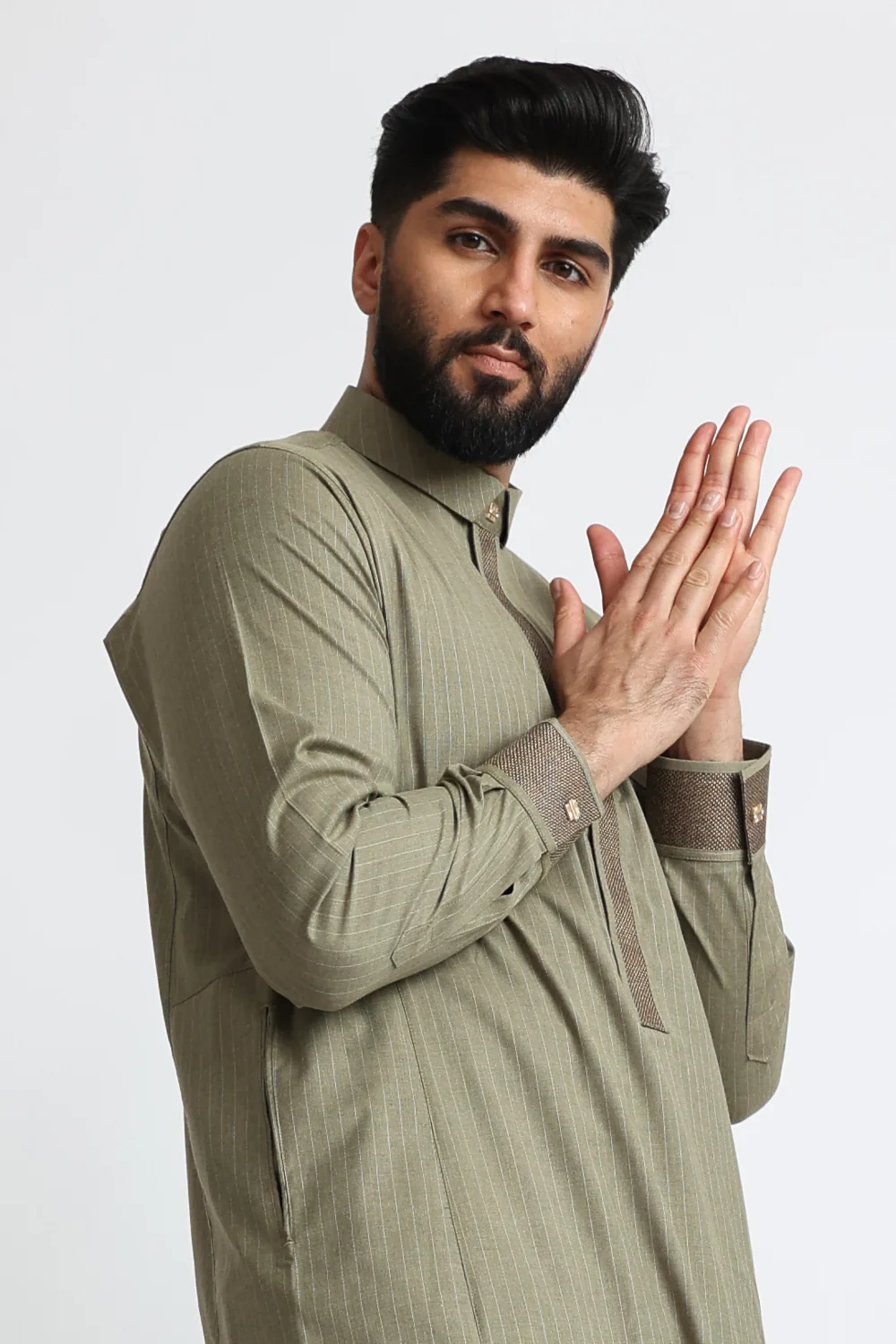 J118 Grey Olive Pinstripe Thobe - Image 5