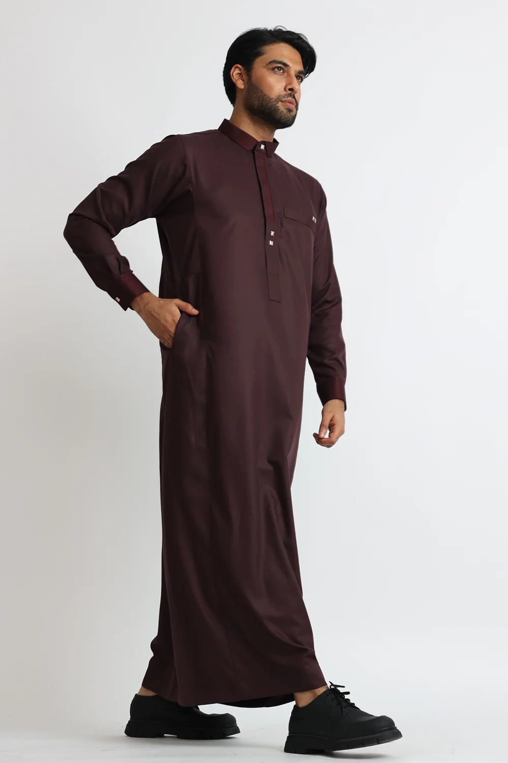 J129 Old Burgundy Collar Thobe - Image 2