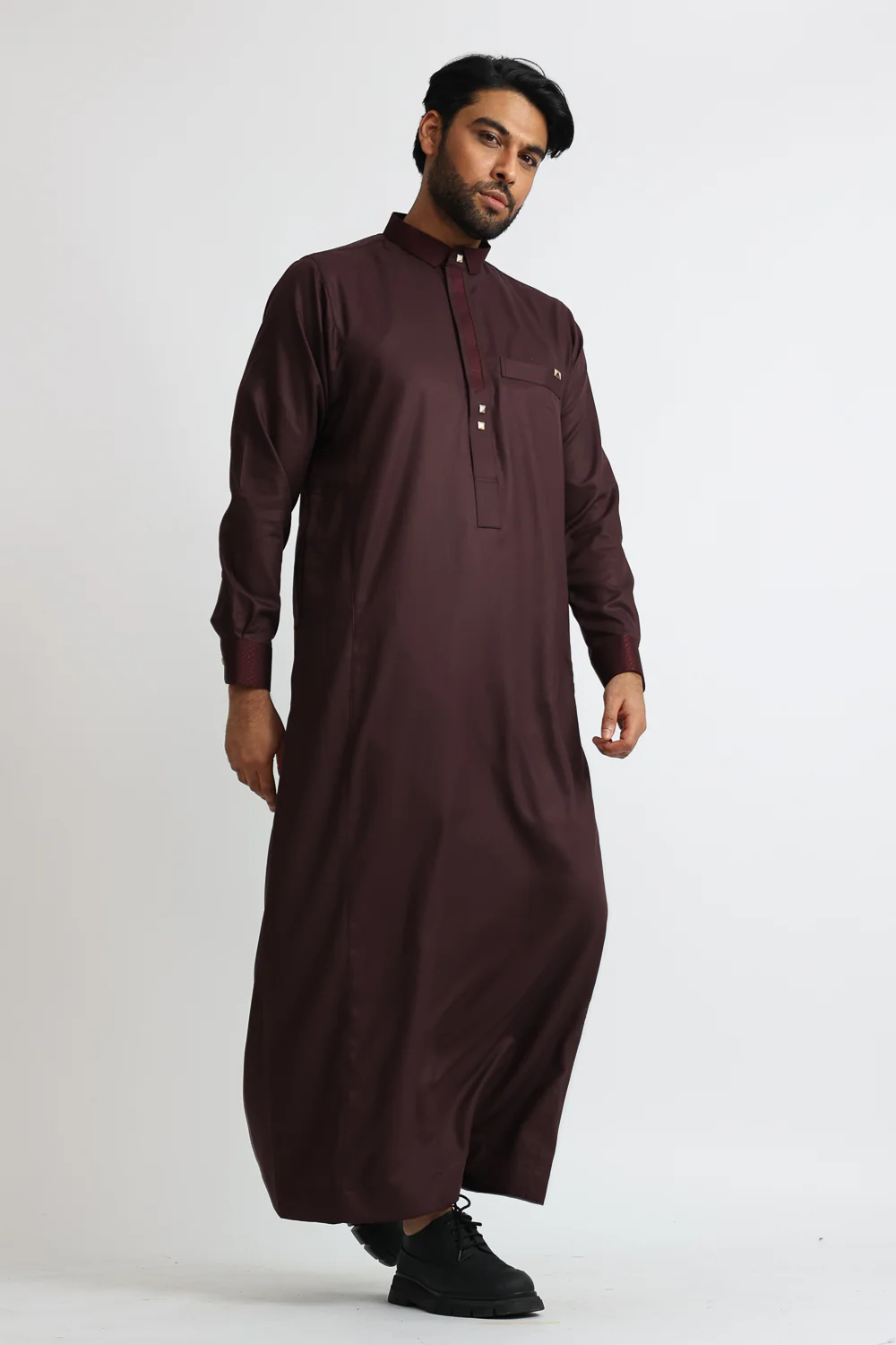 J129 Old Burgundy Collar Thobe - Image 3