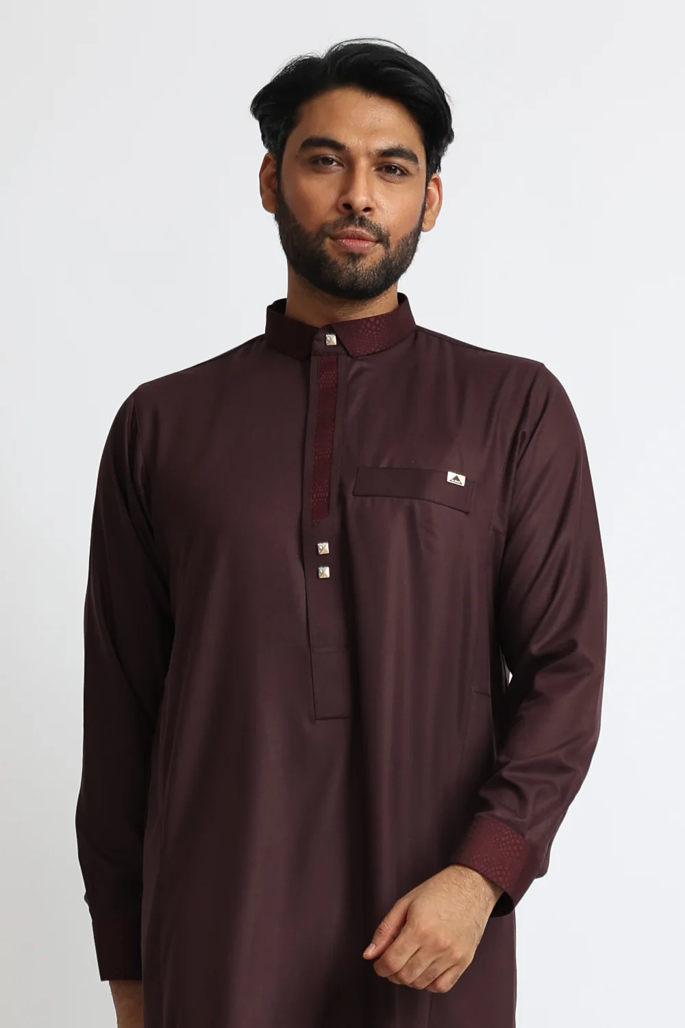 J129 Old Burgundy Collar Thobe - Image 5