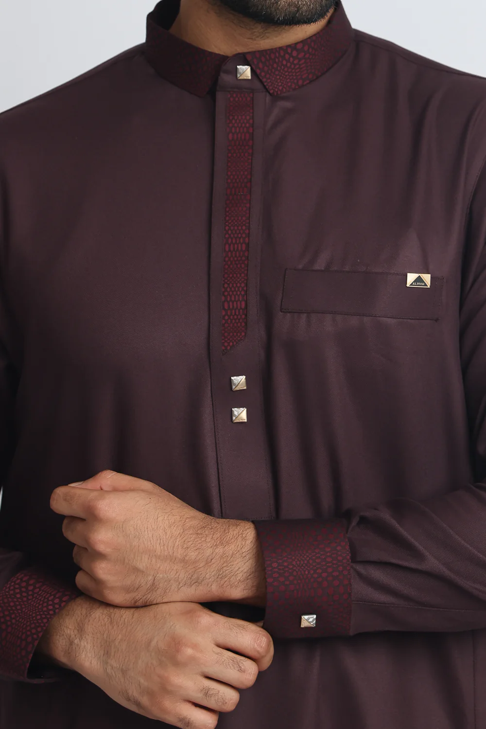 J129 Old Burgundy Collar Thobe - Image 6