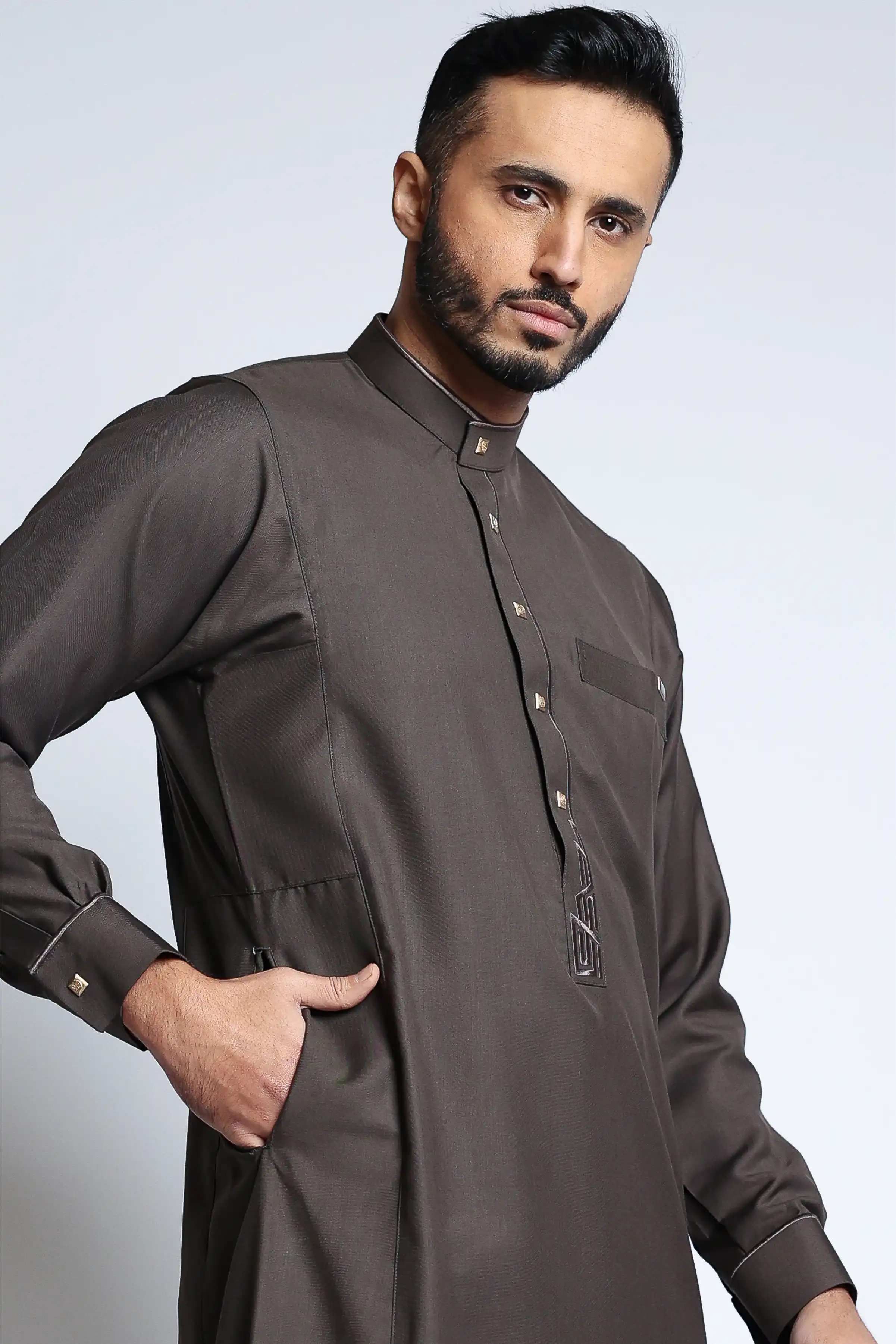 J132 Brown Embroidery Thobe - Image 4