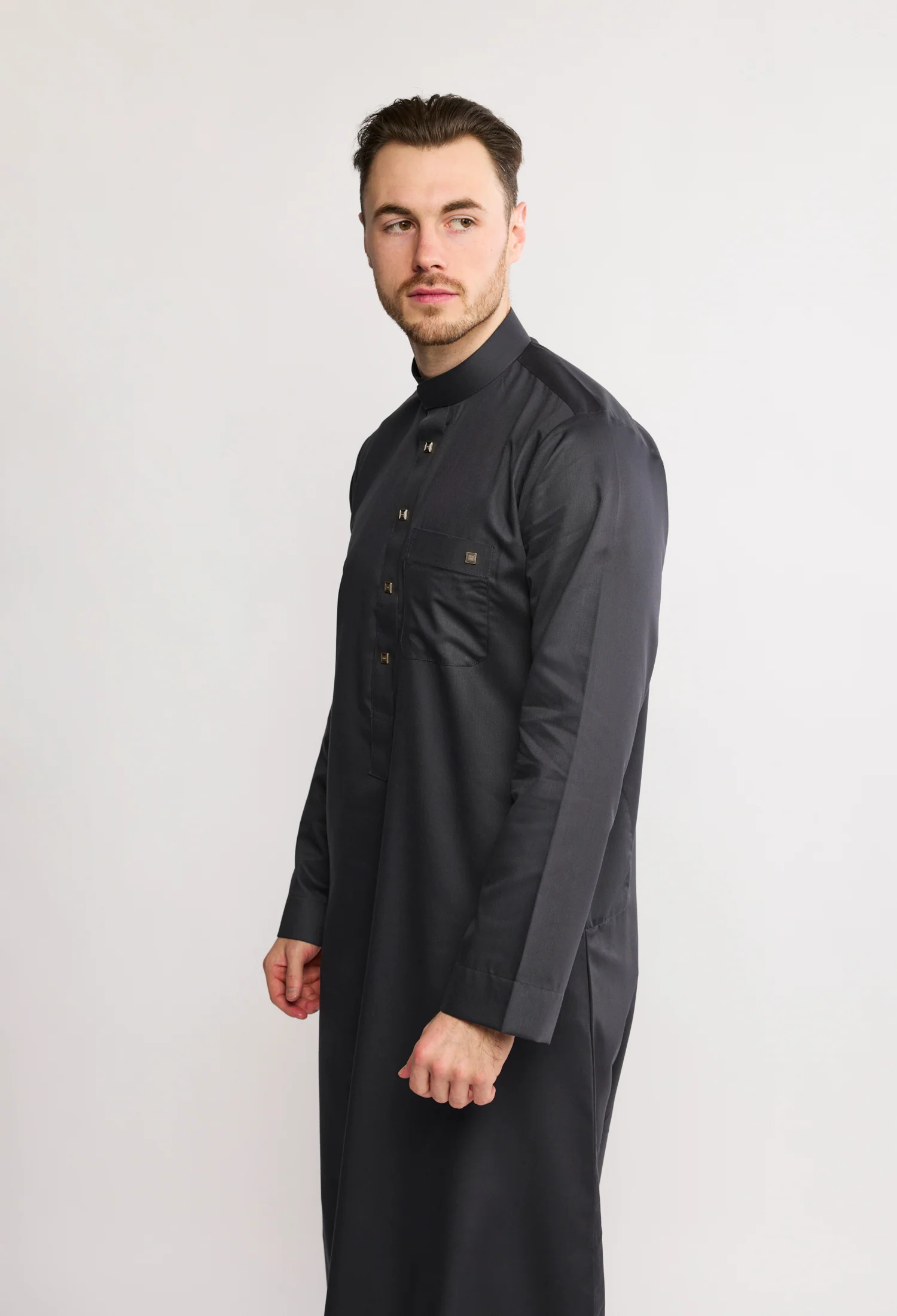 J1517 Charcoal Saudi Collar Thobe - Image 3