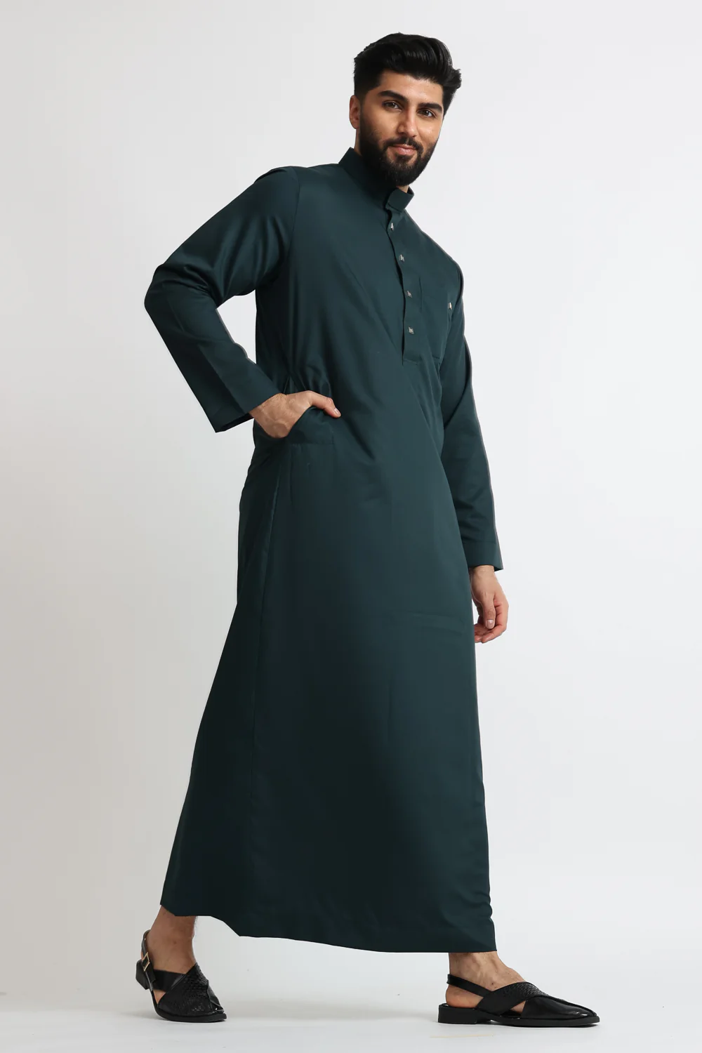 J1517 Mineral Green Saudi Collar Thobe - Image 3