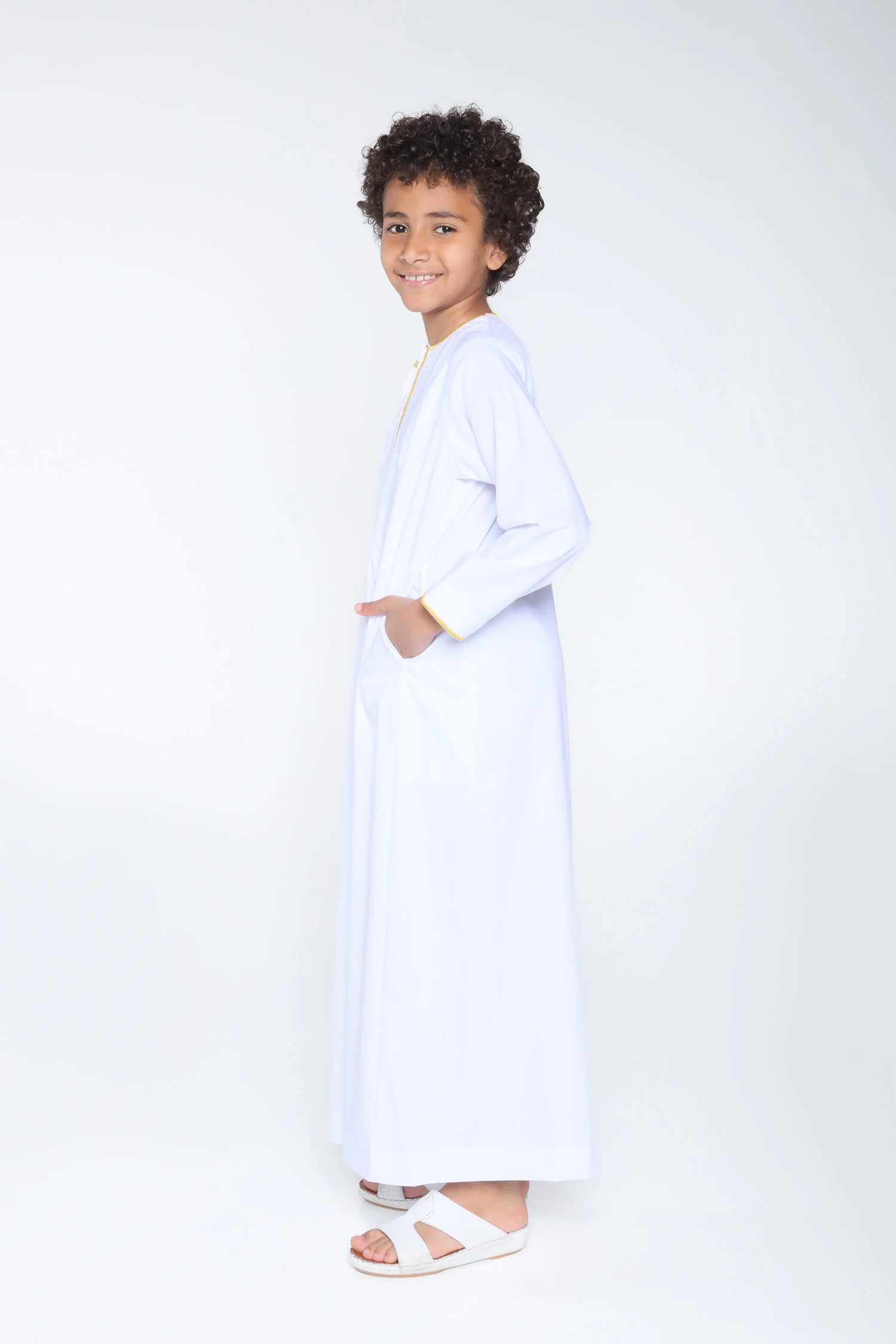 White|Gold Kids Habeel Thobe - Image 3