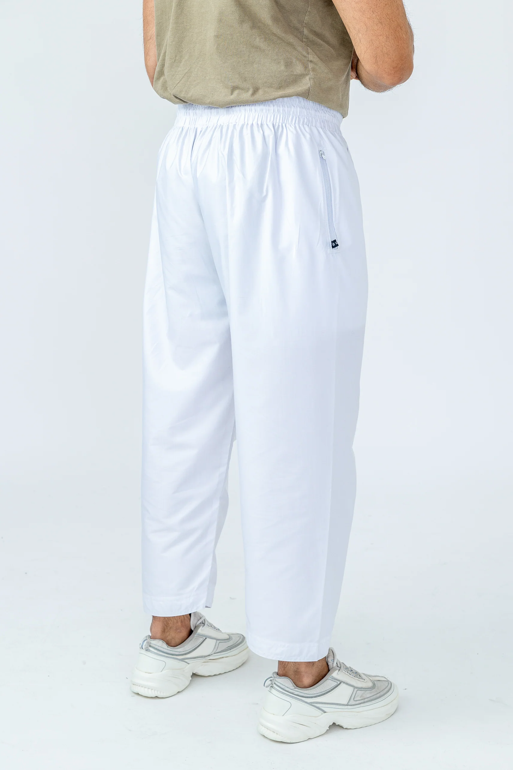 Mens Comfy White Trousers with Elastic Waist & Zip Pocket - Image 3